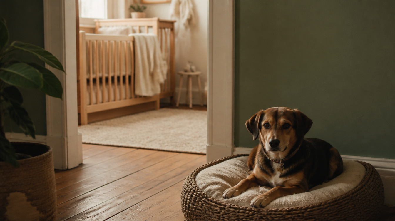 A calm dog resting on its own bed in the foreground with a soft nursery corner visible through a rounded doorway arch in the background, the same warm family home