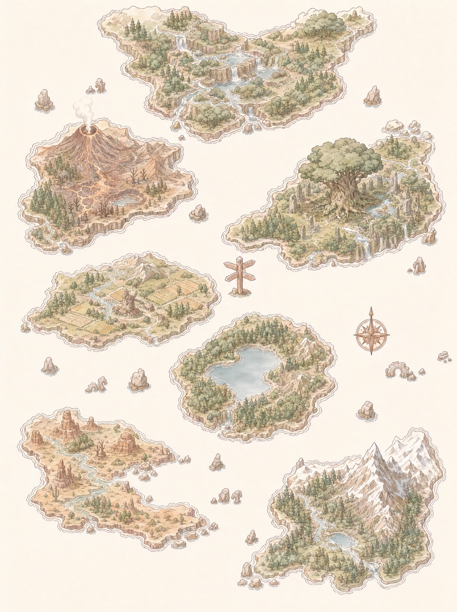 The LullaPaw World: an illustrated map of seven islands — mountains, rivers, lakes, and forests — connected by a wooden signpost and compass rose